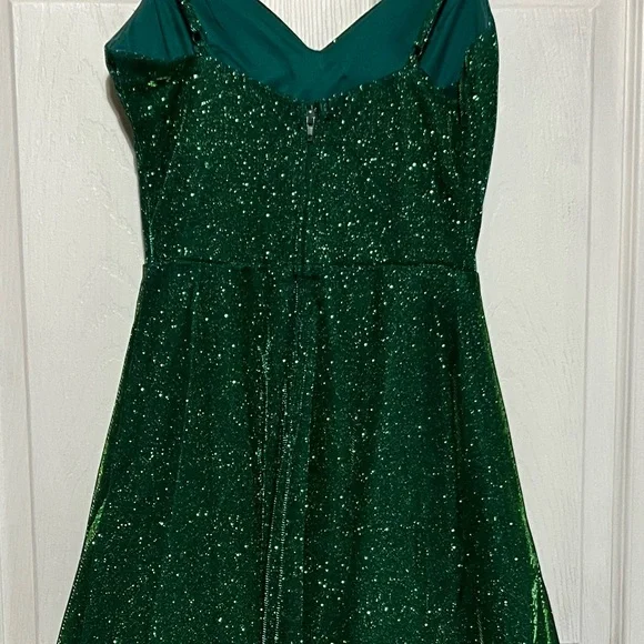 Green Shimmer Skater Dress Spaghetti Strap Party Dress - Picture 4 of 4